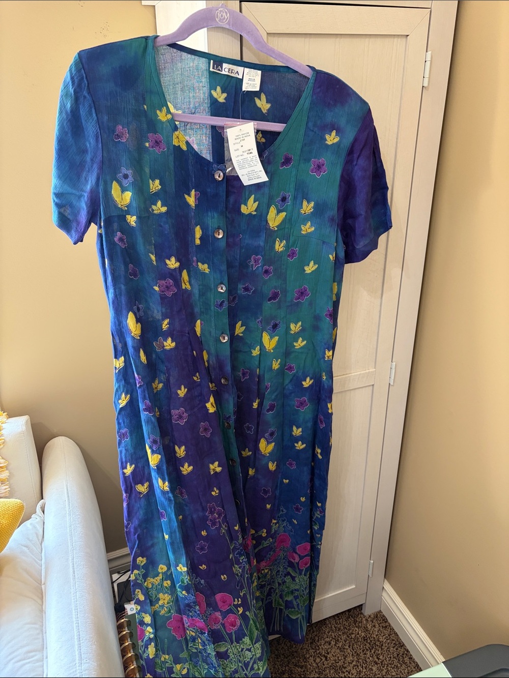 La Cera Vintage Blue & Green Butterfly Floral Button-Front Dress